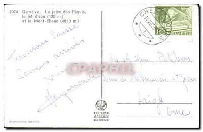 Genebra. A ponte dos Pâquis, o jato d'água (120 m.) e o Monte Branco (4810 m.) — Éditions Jaeger Genève, n° 7074 — Verso