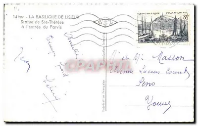Bazylika w Lisieux — Statua św. Teresy przy wejściu na Parvis — Wydawnictwo Francuskie — Rewers