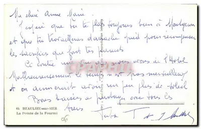 Bilhete postal antigo Beaulieu sur Mer A Ponta da Formiga — Verso