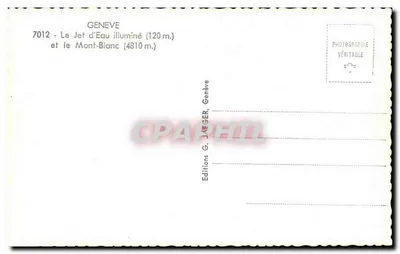Ginebra — El Chorro de Agua iluminado y el Monte Blancco — Ediciones G. JÄGER, Ginebra — Reverso