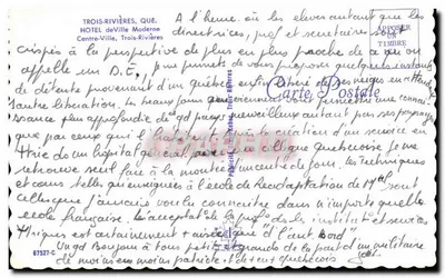 Hotel de Ville Moderno — Trois-Rivières — Carte Postale — Verso