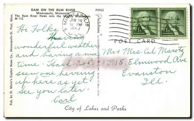 DAM ON THE RUM RIVER — Minneapolis, Minnesota — Pub. by St. Marie's Gopher News Co. P3922 — Verso
