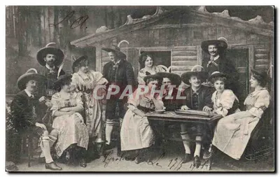 Grupo de dançarinos e músicos alpinos — sob a direção de Jos. Pirchery — editor POSTKARTE. WELTPOSTVEREIN