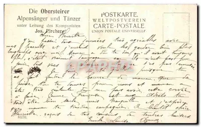 Grupo de dançarinos e músicos alpinos — sob a direção de Jos. Pirchery — editor POSTKARTE. WELTPOSTVEREIN — Verso
