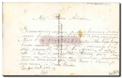 Casal apaixonado em um cenário florestal — texto impresso e assinatura — editor THO, n° DIX 100 — Verso