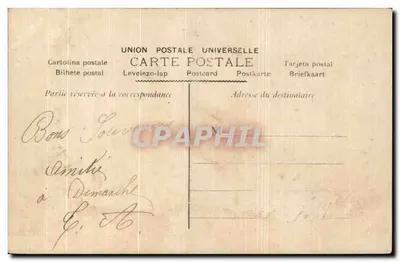 Ojciec trzyma swojego syna — tekst drukowany i ręczny — Union Postale Universelle — Rewers