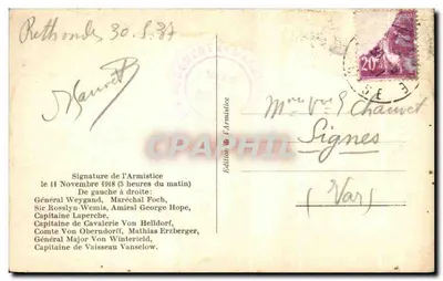 Assinatura do Armistício — 11 novembro 1918 — Édition L’H. — Verso
