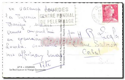 Lourdes — A Basílica e a Virgem Coroada — Ed. P. DOUET 8, Place du Brothier, Lourdes — Verso