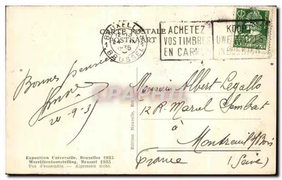 Exposición Universal de Bruselas 1935 — Vista general — Edición Nueva, Bruselas — Reverso