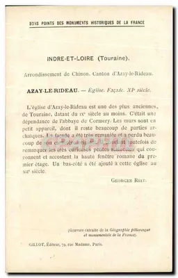 Azay-le-Rideau (Indre-et-Loire) — Igreja. Fachada O. — Os Monumentos históricos da França (1ª Série). — Verso