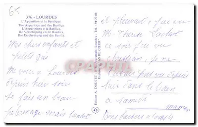 Lourdes — Widok na pojawienie się i bazylikę — Wydawnictwo A. Doucet, nr 376 — Rewers
