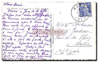 Bilhete postal antigo Ornans Sob a Roche Fourche — Verso