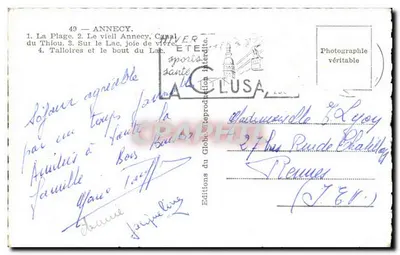 Annecy — Plaża, Kanał Thiou, Statek i Widok na Jezioro — Éditions du Globe CLUSA — Rewers