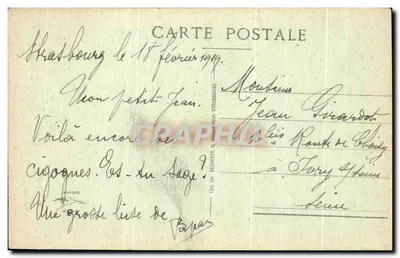 Strasbourg — Un Nid de Cigognes — Éditeur : Éd. Ch. Beuret, Strasbourg, n° 602 — Verso