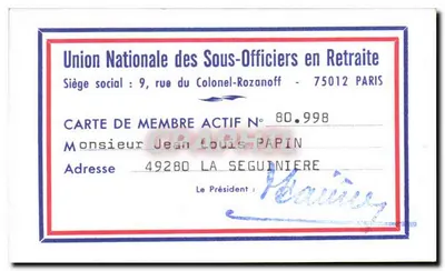 Union Nationale des Sous-Officiers en Retraite — Aktiv-Mitgliedskarte n° 80.998 — Herr Jean Louis Papin