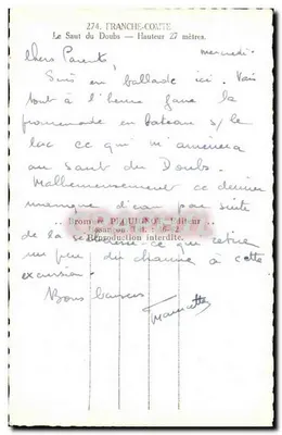 O Salto do Doubs — Altura 27 metros — Editor Piquionot, n° 274 — Verso