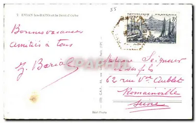 Stara pocztówka Évian-les-Bains i Szczęka Oche — widok jeziora z górami — C.A.P. Réal-Photo — Rewers