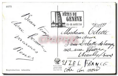 Ginevra — Quattro vedute : La Fontana, l'Isola Rousseau, il Lungolago del Mont-Blanc, il Ponte del Mont-Blanc — Edizioni Jaeger — Verso