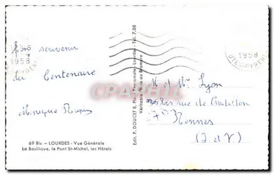 Lourdes — Vue Générale — Éd. P. Doucet, Pièce Pevramale-Lourdes — Verso