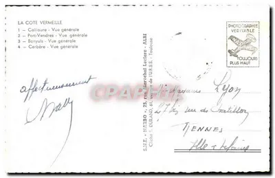 Collioure, Port-Vendres, Banyuls, Cerbère — Recuerdo de la Costa Vermeille — S.N.E. NARBO — Reverso