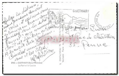 Praia de Guethary — vista do porto e do cassino — Editor Elcé, n° 2706 — Verso