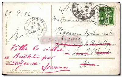 Interlaken - Kursaal - Pavilhão Musical com Jungfrau (4166 m) — Edição Photoglos, Zurique, n° 2088 — Verso