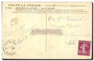 Stara pocztówka Pau de Biarritz do Loyola na Col du Regil — Rewers