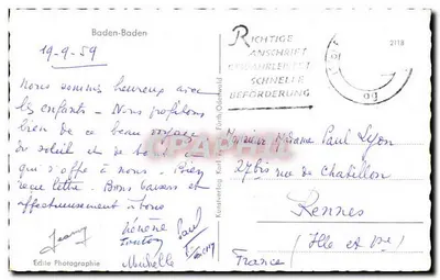 Bilhete postal antigo Baden Baden — Verso