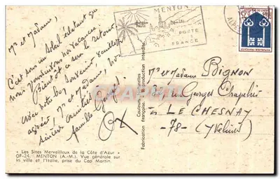 Menton — Ogólny widok miasta i Włoch, z Cap Martin — Cudowne miejsca Rivierii, OF-24, A.M. (wydawca) — Rewers