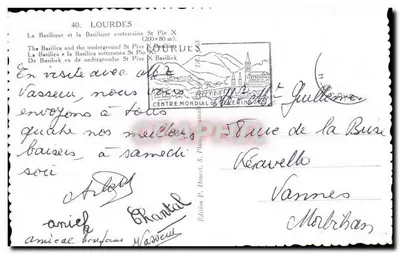 Lourdes — Widok na bazylikę i podziemną bazylikę św. Piusa X — Wydawnictwo P. Doucet, 8, Place de la Busse, Lourdes — Rewers