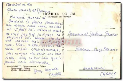 Monument do Kolumba — Madryt — Karta pocztowa drukowana — Rewers