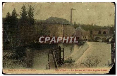 Bilhete postal antigo Pont d'Ouilly O Barragem e a Fábrica Landry Freres (carta em tecido)