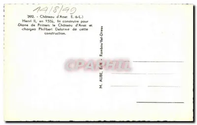 Zamek Anet — Wydawca M. Aube, Rambouillet-Dreux, nr 392 — Rewers