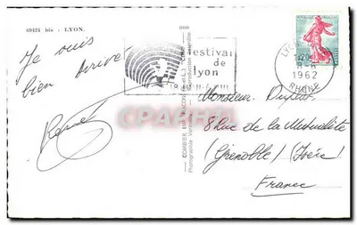 Lyon — Kathedraal Sint Jan, Fontein der Jacobijnen, Brug van de Tassigny, Basiliek Fourvière, Plein Bellecour — Uitgever Combière, n° 69424 bis — Achterkant