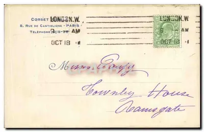 Carta postal de Paris para Londres — Corset Cipale, 8 Rue de Castiglione — carimbo verde de 9 centavos, datada 18 de outubro