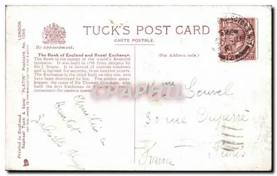 La Banque d'Angleterre & Royal Exchange, Londres — éditeur Tuck's Post Card, n° 1509 — Achterkant