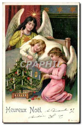 Anjo e criança decorando uma árvore de Natal — editor L. C. No 592