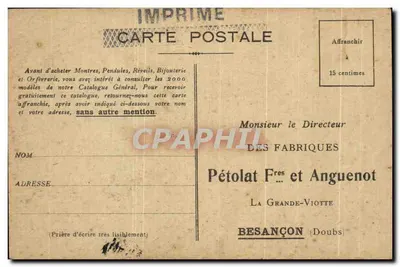 Administracja i biura Zakładów PÉTOLAT FRÈRES i ANGUENOT — Fabryki ulicy Denfert-Rochereau, Besançon — M. RATTETAT LUXEUIL — Rewers