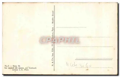 Mulher e cachorro — propaganda para um caderno de açúcar — H. Eyerbault — Verso