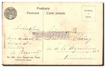 Bambino con ciliegie — John Russel fec. Parigi — No. 397 — editore Heliotin & M. B. & Co. — Verso