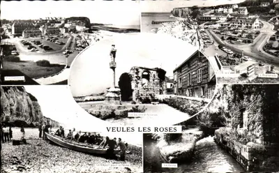 Veules-les-Roses — vista geral, Praça Saint-Nicolas, L'Esplanade, La Veule, Partida para a pesca — Edições Artaud & Fils, Nantes