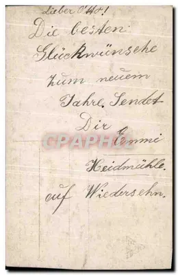 Jeune femme en robe rose — avec bouquet et calendrier orné de trèfles — éditeur H. H. (logo) et texte imprimé 'Herzlichste Neujahrsgrüße' — Verso