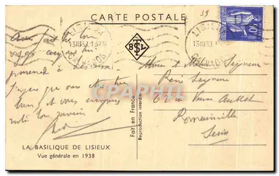 Basílica de Lisieux — Vista general de 1938 — Hecha en Francia — Reverso