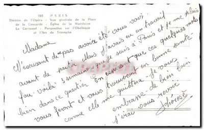 París — Teatro de la Ópera, Plaza de la Concordia, Iglesia de la Madeleine, Arco del Triunfo — Tarjeta postal antigua n°101 — Reverso