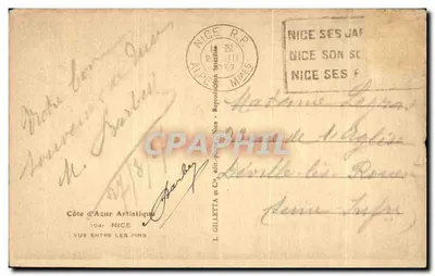 Vue entre les pins — Port de Nice — éditeur L. Gilletta et Cie, n° 104 — Verso