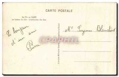 Bilhete postal antigo La Vie au Camp 10 horas da noite A extinção das luzes Militaria — Verso