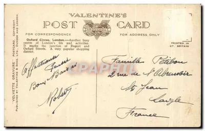Oxford Circus, Londres — vue de la rue avec des bus et des voitures — éditeur Valentine's Postcard, n° 220152 — Achterkant