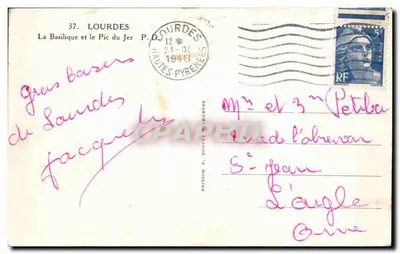 Lourdes — Bazylika i Pic du Jer — Wydawnictwo P. Doucet Lourdes n°37 — Rewers