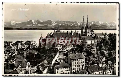 Neuchâtel — vista aérea com montanhas no fundo — edição Fot. P. Lausanne, n° 2432