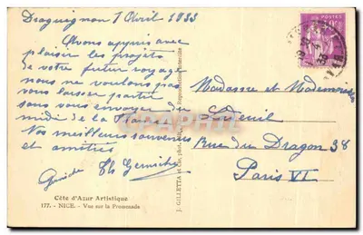 Côte d'Azur — Widok na Promenadę — J. GILLETTE i Cie, 177 — Rewers